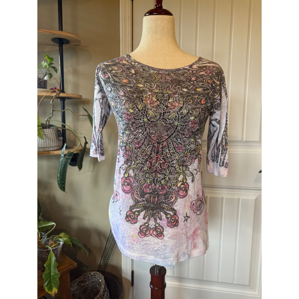 Women's Tipsy USA Mandala Print‎ 3/4 Sleeve Tunic Top S